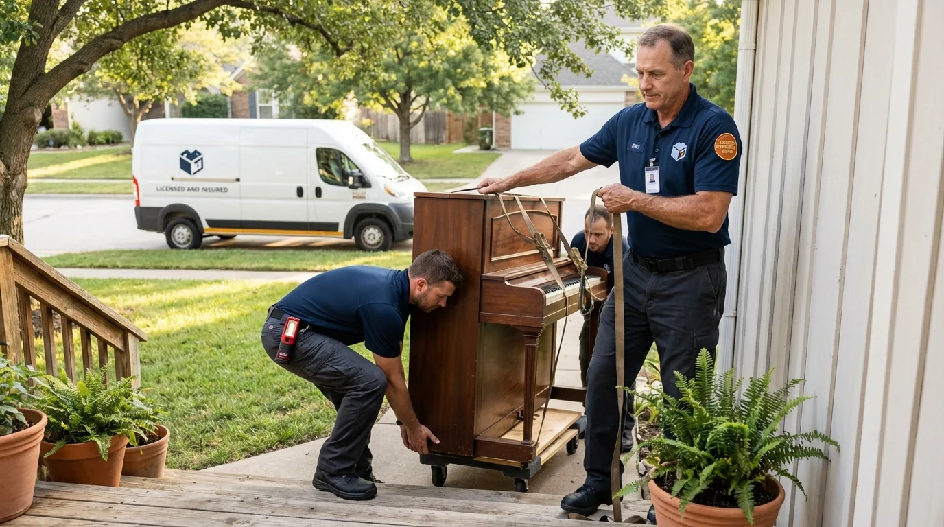 Licensed piano movers securing grand piano in Upper Sandusky, OH