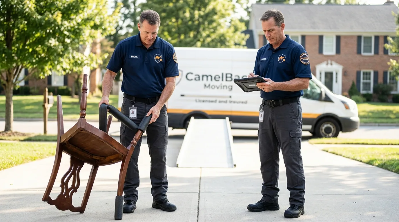Movers inspecting furniture for damage prevention before loading in Upper Sandusky, OH