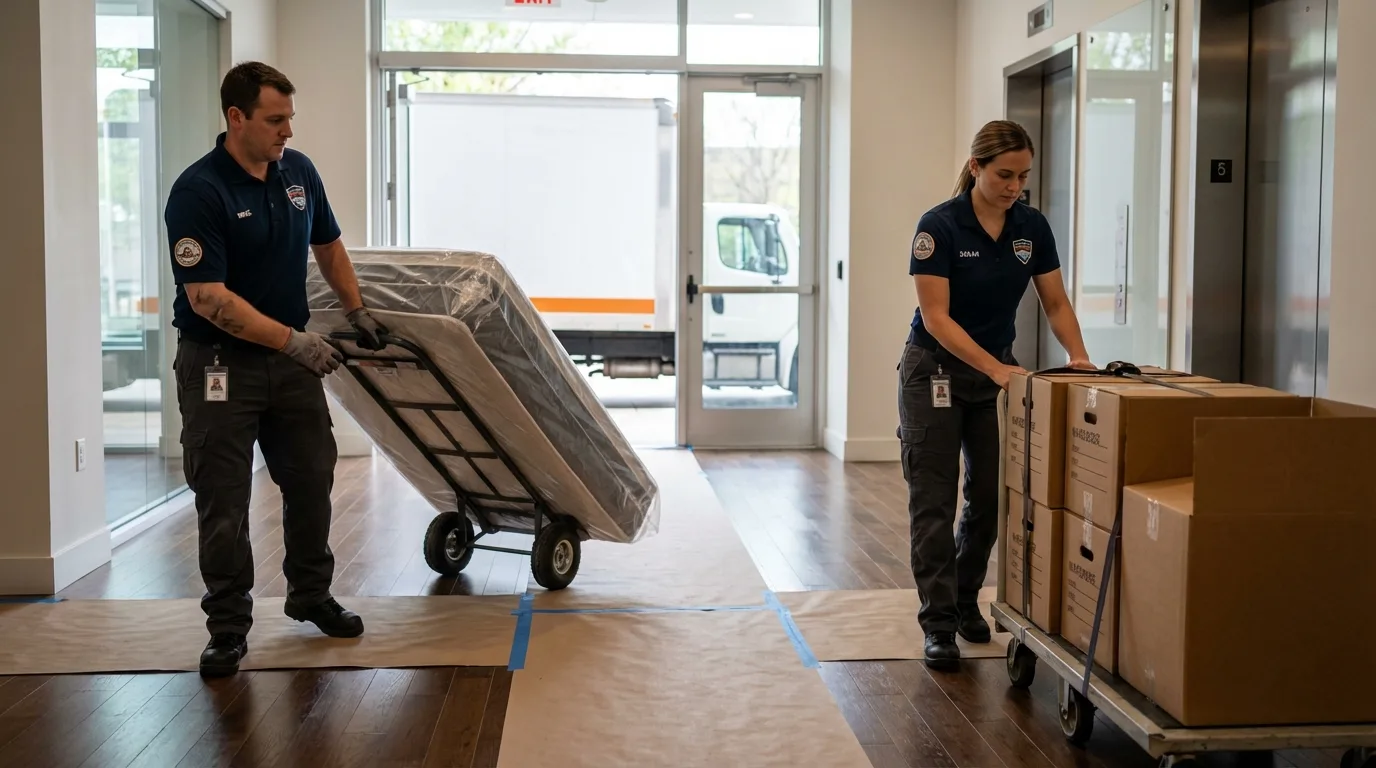 Professional apartment movers loading elevator in Upper Sandusky, OH