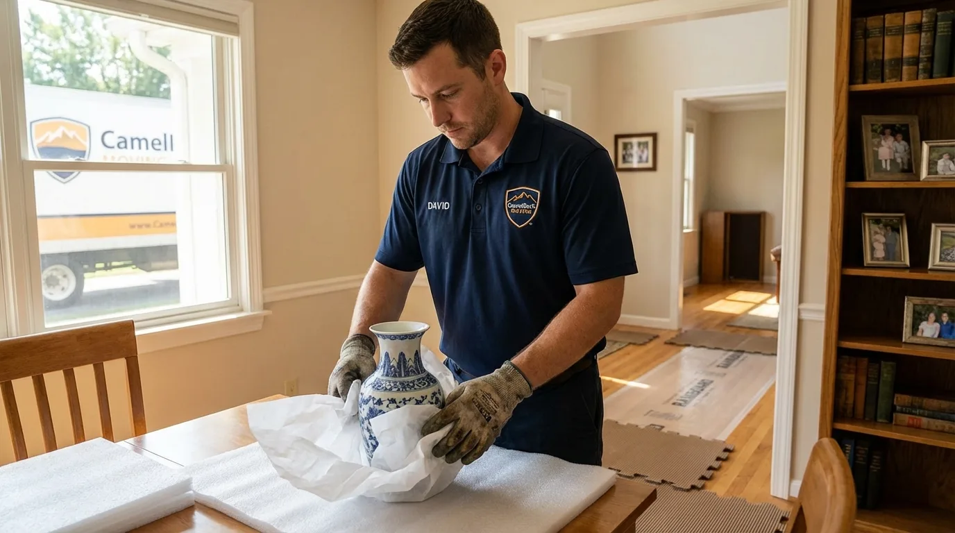 Professional crew carefully wrapping antique vase for senior downsizing move in Upper Sandusky, OH